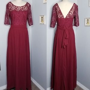 Burgundy wine bridesmaid dress lace top NWT